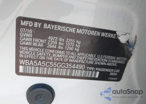 2016 BMW 528I from USA, damaged, VIN WBA5A5C55GG354490
